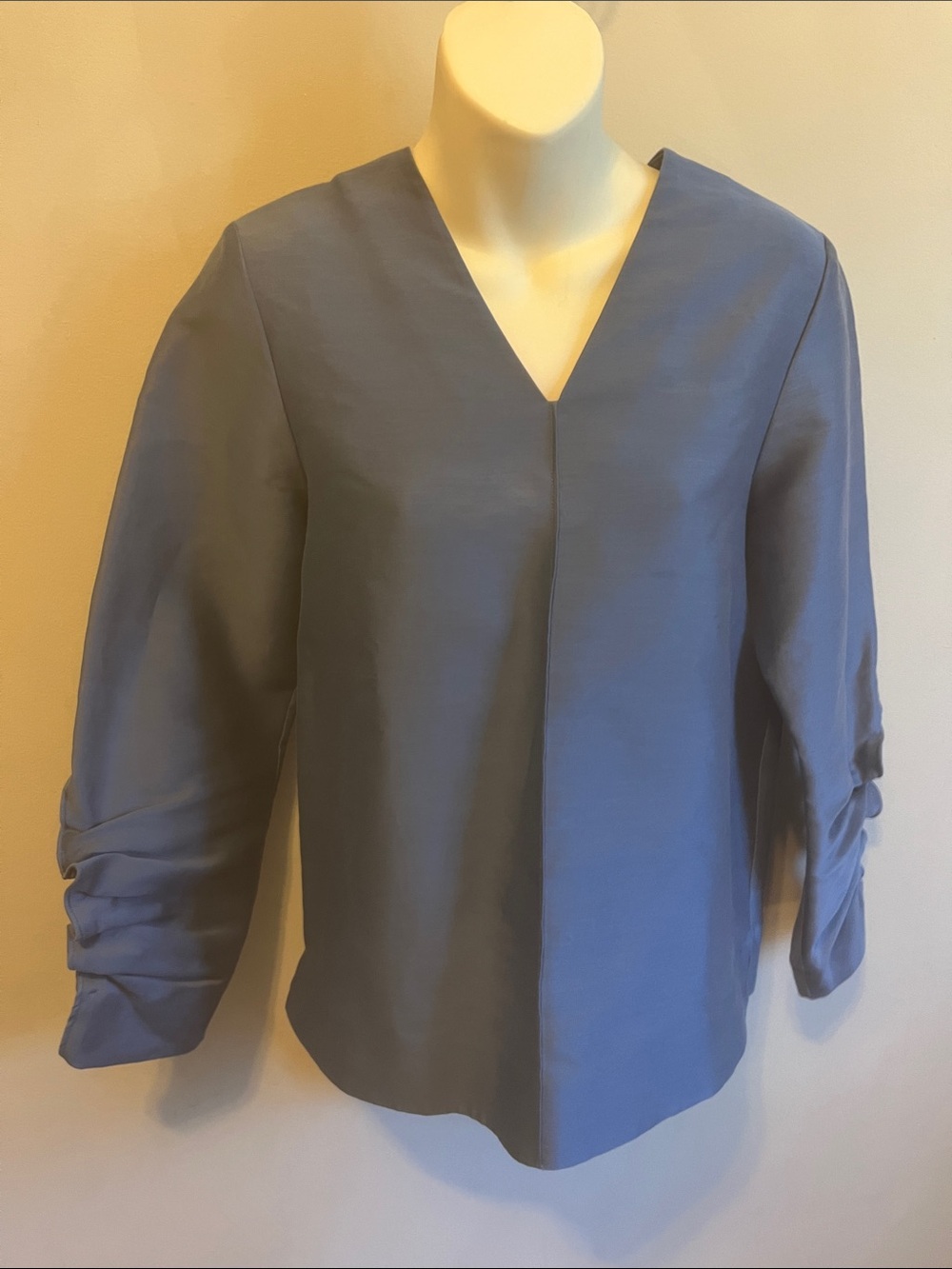 COS Structured Steel Blue V-Neck Blouse Cotton Silk Mix